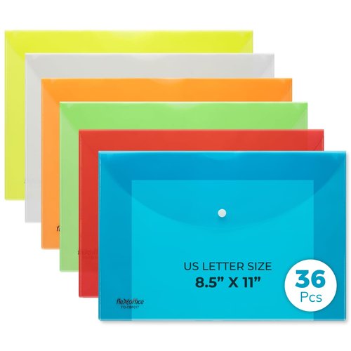 FLEXOFFICE 36 Pcs Legal Size Plastic Envelopes with Snap Closure 9"x12", 6 Assorted Colors, File Folder Organizer to Hold Document A4 Size, US Letter, for School and Office Supplies