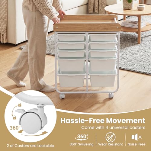LDAILY White 10-Drawer Rolling Cart with Wooden Top – Lockable Wheels, Dual-Size Drawers