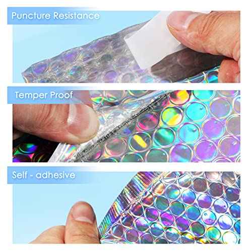 100 Pack Metallic Bubble Mailers 3 Sizes Holographic Padded Bubble Rainbow Poly Bubble Mailers Foil Bubble Padded Envelopes Adhesive Seal Closure Envelopes Shipping Bags for Mailing Packing