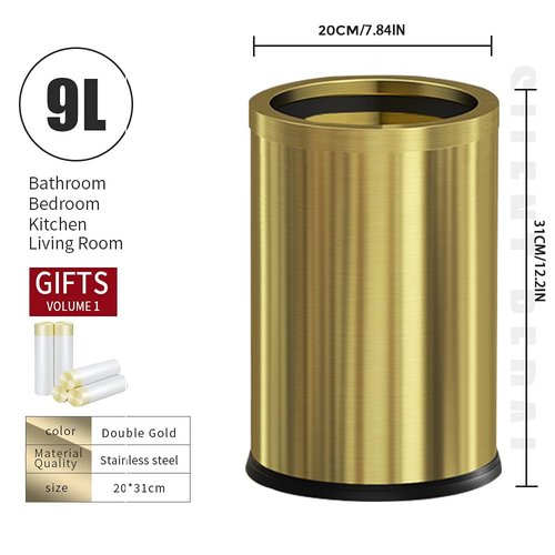 LEASYLIFE 9L/2.4GAL Gold Bathroom Trash can, Brass Bathroom Garbage can Without lid, Small Gold Black Wastebasket for Bathroom, Children's Room,Hotel, Office (Gold)