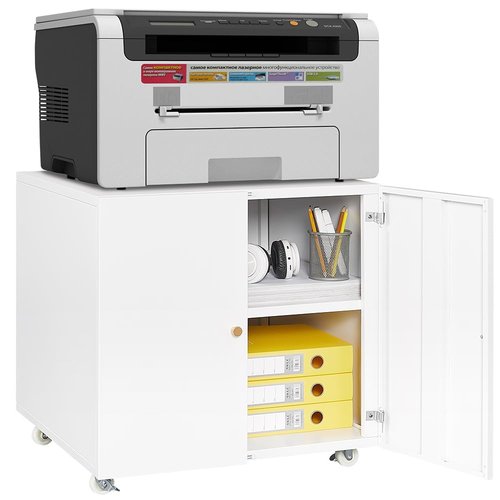 Meibamake Office Furniture Copier Cabinet, 2 Door Steel Mobile File Cabinet, Printer Stand with Adjustable Shelf, White, 23.62" H x 23.62" W x 23.62" D, Home Office