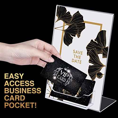 Crtiin 6 Pcs 5 x 7 Inch Acrylic Slanted Sign Holder with Business Card Holders Clear Display Stand Flyer Stand with Gift Card Holder for Office Table Advertisement Brochure