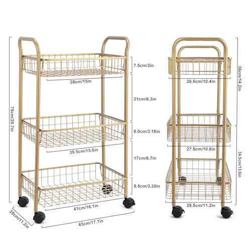 3 Tier Mesh Rolling Utility Cart, Gold Metal Organization Cart with Lockable Wheels, Multifunctional Storage Trolley Service Cart for Kitchen Living Room Office Salon