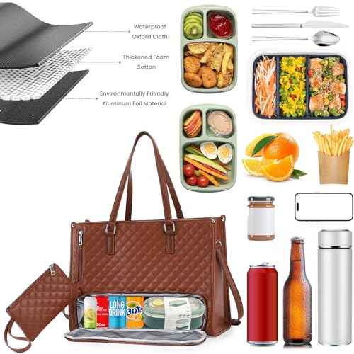 Laptop Tote Bag with Insulated Lunch Compartment for Women, 15.6 Inch PU Leather Briefcase with Leakproof Lunch Box Pocket