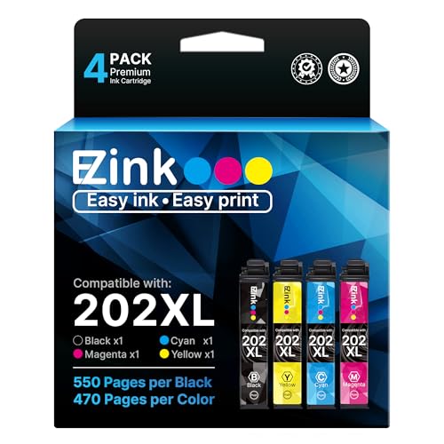 E-Z Ink 202XL Ink Cartridges High Capacity Remanufactured for Epson 202 XL 202XL T202XL to Use with Expression Home XP-5100 Workforce WF-2860 Printer (1 Black 1 Cyan 1 Magenta 1 Yellow, 4 Pack)