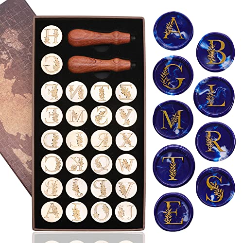 SWANGSA Initial Alphabet Wax Seal Stamp Kit, Vintage Botanical Leaves 26 Letters A-Z Sealing Stamp with 2pcs Wooden Handles for Wedding Party Invitation, Gift Wrap, Envelope, Christmas Card (A-Z Set)