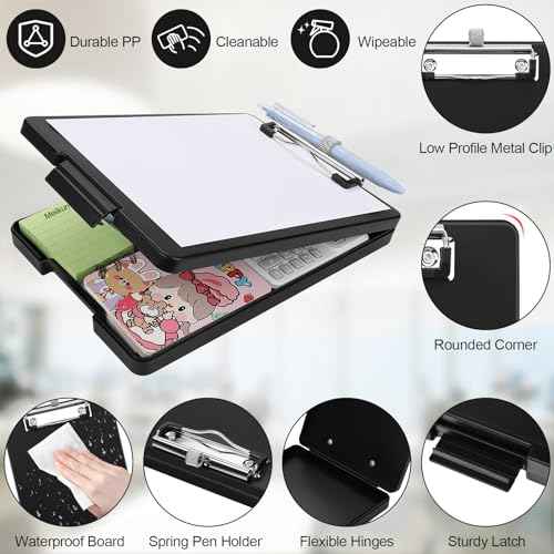 Small Clipboard with Storage, A5 Clipboards with Pen Holder, Half Letter Clip Boards 6x9 Mini Plastic Clipboard with Low Profile Clip for Classroom, School, Office Supplies (Black)