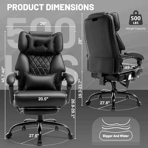 Massage Office Chair with Foot Rest,6 Points Vibration & Heat Executive Office Chairs,Big and Tall Leather Office Chair 500LBS,Ergonomic Desk Chair for Heavy People,Recliner with Dual-Use Pillow,Black