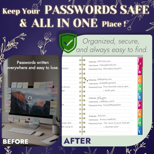 Hi!SCI Password Book with Colorful A-Z Laminated Tabs, Lavender Purple, Spiral Keeper (684 Entries)