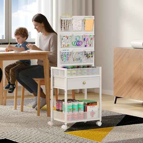 5-Tier Craft Rolling Cart, Craft Organizers and Storage with 18-Pocket, Utility Cart with Drawer & Lockable Wheels, Art & Craft Supply Organizer for Kids' & Adults'Studio, Bedroom (White)