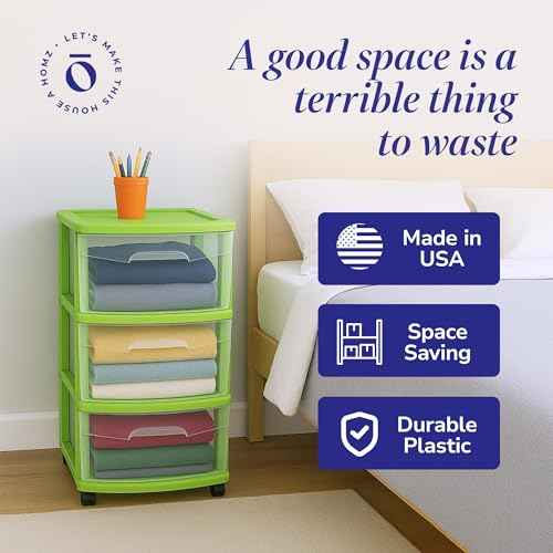 HOMZ Drawer Tower, 3-Tier Clear Plastic Storage Organizer Cart, Bold Lime Frame - Rolling Drawer Containers with Wheels for Bathroom, Bedroom, Office, and Classroom Organization