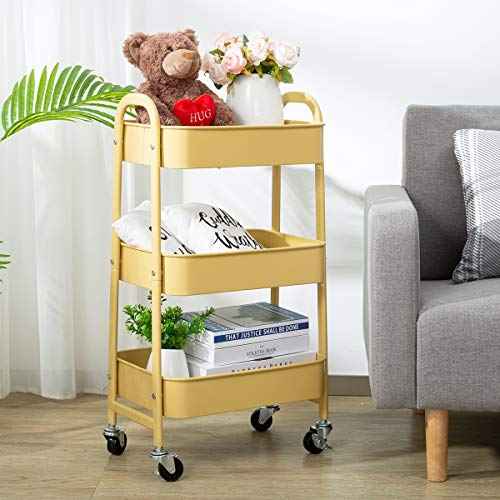 AGTEK Makeup Cart, Movable Rolling Organizer Cart, Khaki Yellow 3 Tier Metal Utility Cart