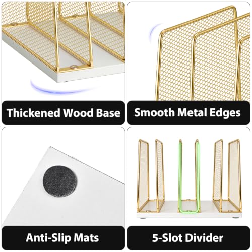 LEKETREE Gold Desk File Organizer - 5-Section Vertical Mesh Metal & Wood, White & Gold