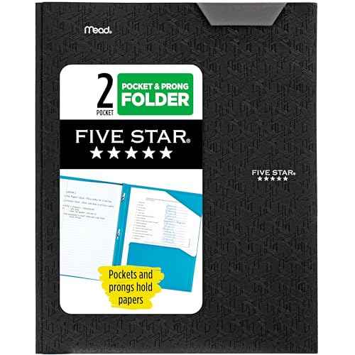 Five Star 2-Pocket Folder, Plastic Folder with Stay-Put Tabs and Prong Fasteners, Holds 8-1/2" x 11" Paper, Black (72113)