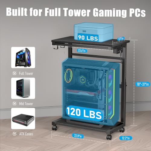 Adjustable Computer Tower Stand, 18.1–31.5 in, 120 lb Capacity with 5-in-1 Power Strip
