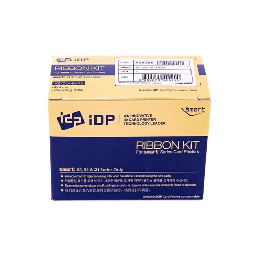 IDP Genuine SMART-31 and SMART-51 Series Card Printer Ribbon - YMCKO Color, Resin Black & Overlay Panel Ribbon w Cleaning Roller, 250 Cards/roll (Not Compatible with IDP Solid Printers)