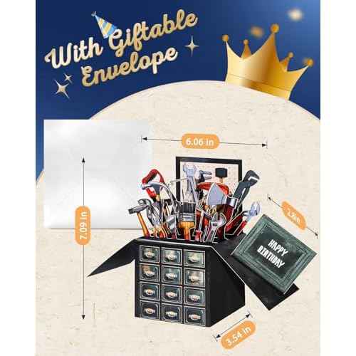 Birthday Pop Up Card with Envelope - Funny Happy Birthday 3D Greeting Pop Up Card, Best Gifts for Men Dad Husband Grandpa Father Daddy Him, Unique 3D Design, Metal Toolbox