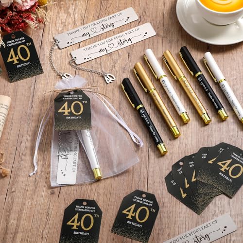 25 Sets Birthday Favors for Guests 25 Thanks for Coming Ballpoint Pens 25 Bookmarks 25 Cards with Organza Bag for Adult Birthday Anniversary Party Souvenir(Metal-40th)