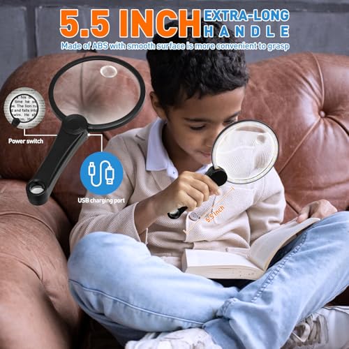 Rechargeable Magnifying Glass with Light 30X 40X 60X - Large 5.2-Inch, Black