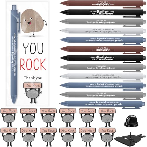 50 Sets Motivational You Rock Employee Appreciation Gifts Bulk Ballpoint Pens and inspirational Cards and Brooch Pin Organza Bags Inspirational Thank Gift for Team Coworker Staff (You Rock)