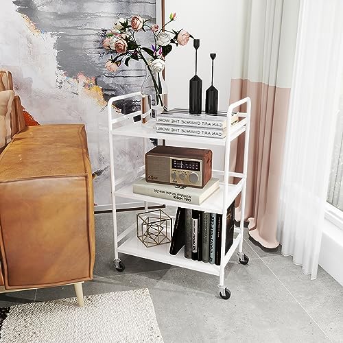 DCLRN 3 Tier Rolling Cart,Storage Organizer Cart,Multifunctional Storage Shelves,Rolling Metal Organization Cart with Handle and Lockable Wheels,for Home,Office,Kitchen,Bathroom(White)