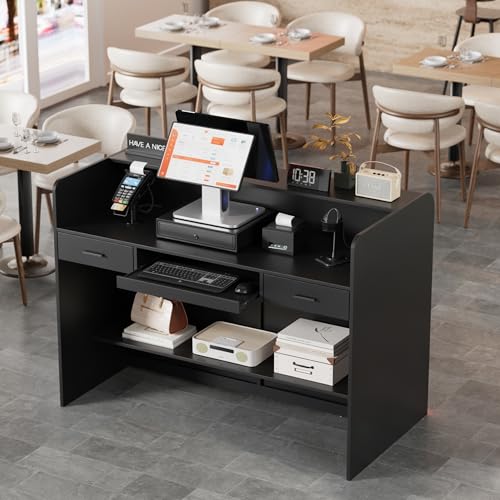 SDMY Black Reception Desk with LED Lighting, 47.7 inch Front Desk Counter for Retail & Office