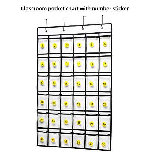 36 Clear Pockets Classroom Pocket Chart for Cell Phones, Pocket Chart for Calculator Phone Holder with 36 Number Stickers and Hooks (White)