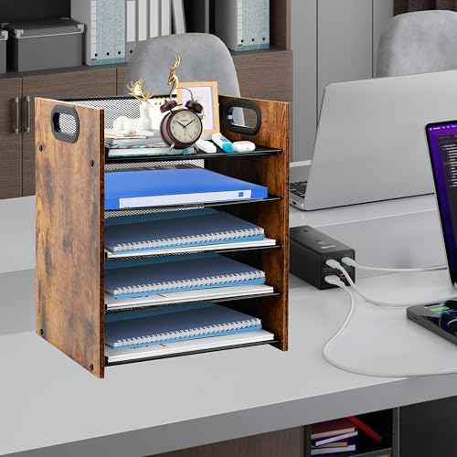 Wood Desk Organizer - 5-Tier Desktop File Organizer, Wooden Paper Tray, Office Desk Organzier and Accessories for Papers, Mail, Notebooks, Stationery