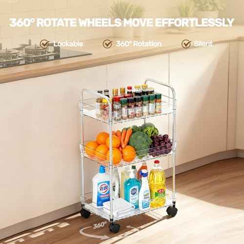 Betoveren 3 Tier Utility Rolling Cart with Wheels Multifunctional Storage Cart Clear Movable Storage Organizer with Handle and Hooks for Home Kitchen Office Bathroom Organization Transparent