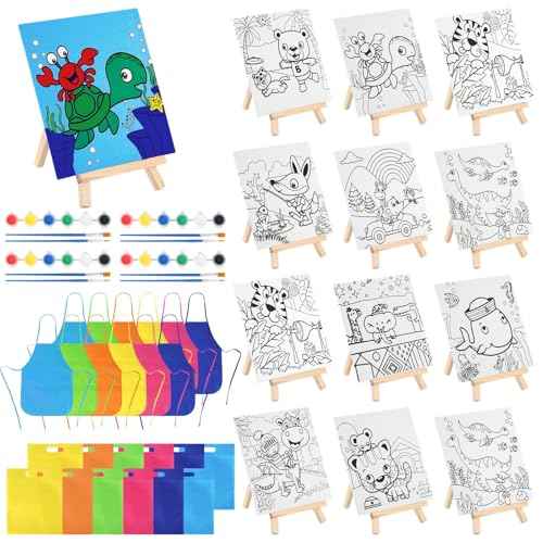 48 PCS Paint Set, 12 Easels, 12 Painting Sets, 12 Bags, 12 Small Aprons, Paint Party Favors Sets with Pre-Drawn Canvas and Wooden Easel Set, Paint Pots and Brushes for Daily Painting