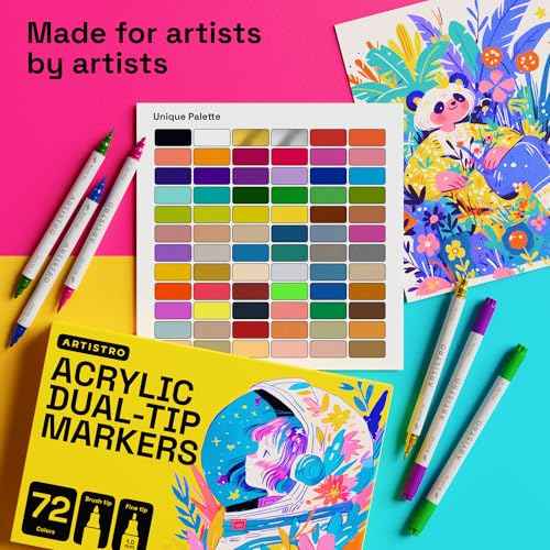 ARTISTRO 72 Acrylic Paint Pens - Dual Tip Brush + Fine Ideal for Calligraphy - Acrylic Paint Markers for Fabric, Rock, Glass, Wood, DIY - Art Supplies, Stocking Stuffers, Christmas Gift Idea