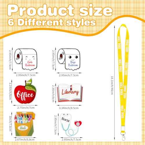 6 Pieces Acrylic Hall Pass Lanyards and School Passes Set, Cute Passes for School, Classrooms Hall, Library, Restroom, Office, Nurse, Teacher Supplies