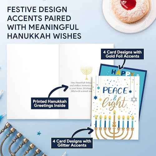 Decorably 16 Pack Gold-Foiled and Glittery 5x7in Happy Hanukkah Cards with Envelopes and Stickers - 8 Elegant Designs Assorted Hanukkah Card with Printed Message Inside