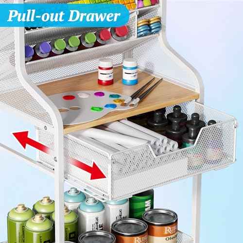 Small Rolling Craft Cart with Drawer, White Utility Art Cart, Metal Storage Cart with Lockable Wheels, 6 Tiers Paint Organizer for Art Supplies, Store for Brushes Paints Artifacts Small Parts