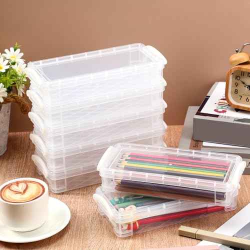 Gueevin 24 Pcs Large Capacity Plastic Pencil Box Clear Plastic Pencil Case Crayon Box with Snap Tight Lid Watercolor Pen Storage Brush Organizer Drawing Tools Container (White)