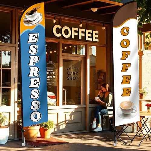 2 Pack Coffee Espresso Feather Flags Cafe Feather Swooper Flag Banner 2.5 x 12 ft Tall Heavy Duty Coffee Espresso Shop Advertising Marketing Sign Weatherproof for Outdoor Business Flag Only