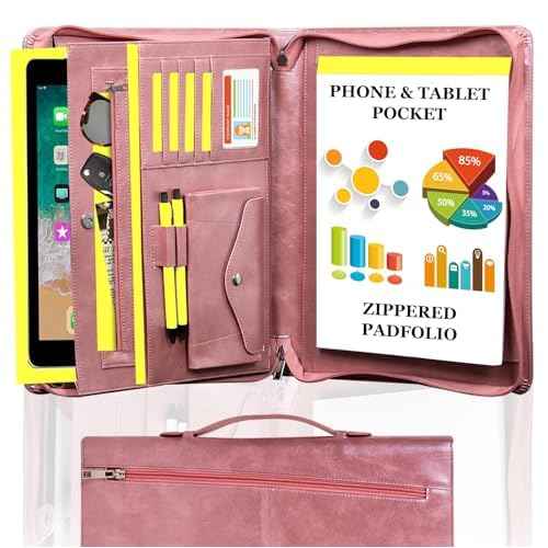 AZXCG Portfolio Binder, Pink Portfolio with Handle and Zipper,Leather Padfolio for Women,Professional Business Portfolio Organizer,A4 Notepad Holder, Gift for Girls and Women