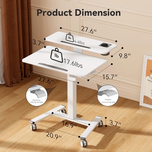 White 28-Inch Mobile Standing Desk with Tiltable Top & 2-Tier Shelves