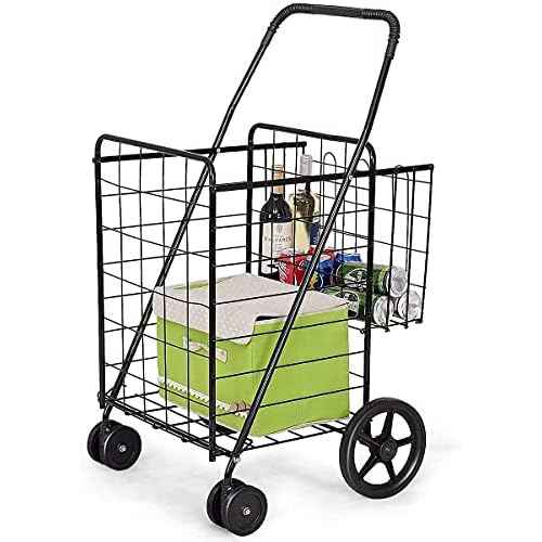 Folding Shopping Cart, Large Utility Cart Hold Up to 90 Lbs, with Double Basket, 360¡Æ Rolling Swivel Wheels, Ideal for Grocery Laundry Luggage Travel, Multiple Uses Easy to Move (Black)