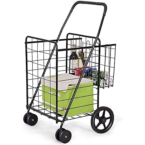 Hysache Folding Shopping Cart with Swiveling Front Wheels, Rolling Trolley with Plastic Handrail, Heavy Duty & Light Weight, Versatile Use, Space-Saving, Ideal for Shopping and Carrying (Black)