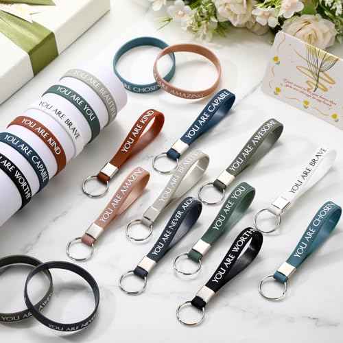 Sratte 240 Pcs Motivational Wristbands Inspirational Keychains Appreciation Gifts for Employee Teacher