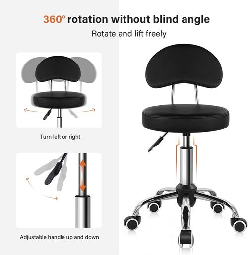 KKTONER Rolling Stool - Height Adjustable PU Leather Swivel Chair with Wheels | Black Mid Back Design
