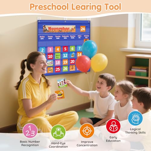 AKAYOK Classroom Calendar Pocket Chart with 88 Cards - Blue, Durable Wall Hanging Learning Tool for Homeschool & Classroom