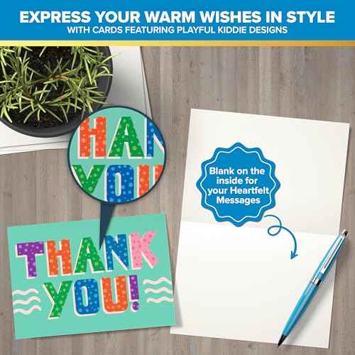 Decorably 24 Pack 6x4in Kids Thank You Cards Kids with Envelopes and Stickers, 8 Fun and Vibrant Designs Kid Thank You Cards with Envelopes, Blank Inside - All Occasion, School Events