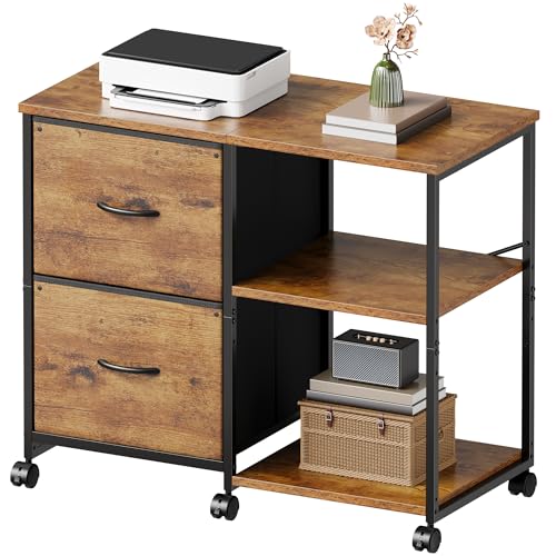 2-Drawer Fabric Lateral File Cabinet with Wheels, Rolling Printer Stand with Open Storage Shelf for Home Office, Rustic Brown