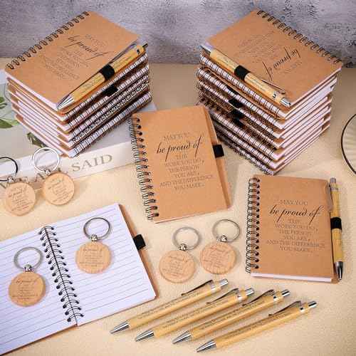 60 Pcs Employee Appreciation Gifts Inspirational Spiral Notebooks Wooden Thank You Keychains Bulk Encouragement Bamboo Ballpoint Pens for Coworkers Nurse Teacher(Classic Style)