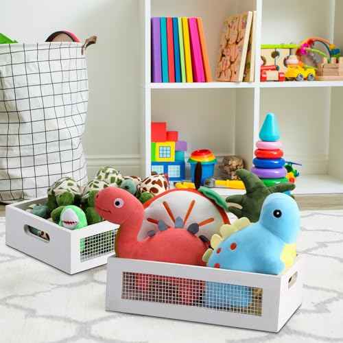 4 Pcs Wooden Nesting Countertop Baskets 4 Size Wooden Storage Box with Handle and Metal Wire Multipurpose Wood Organizer Crate for Fruit Vegetable Kitchen Cabinet Bathroom(White,Small)