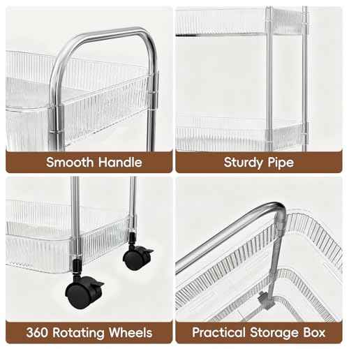3 Tier Rolling Cart with Wheels, Utility Trolley with Handle, Clear Acrylic Movable Storage Organizer for Kitchen, Bathroom, Nursery, Laundry, Book, Snack, Craft