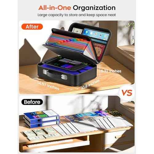 Fireproof Document Box with Lock, Waterproof Hard Shell File Organizer with 13 Pocket Accordion Folder for Important Documents, Laptop, Passports, Portable Home Office Travel Safe Box