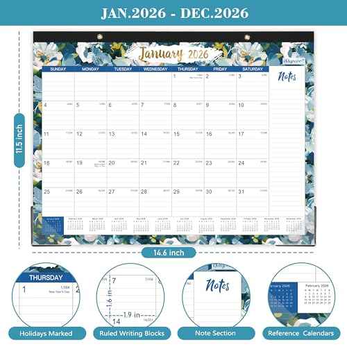 2026 Desk Calendar - JAN 2026 - DEC 2026, 2026 Calendar, Large Desk Calendar with Corner Protectors, 18-Month Calendar with Reference Calendars, for Home & Office Organizing - Floral (15" x 12")